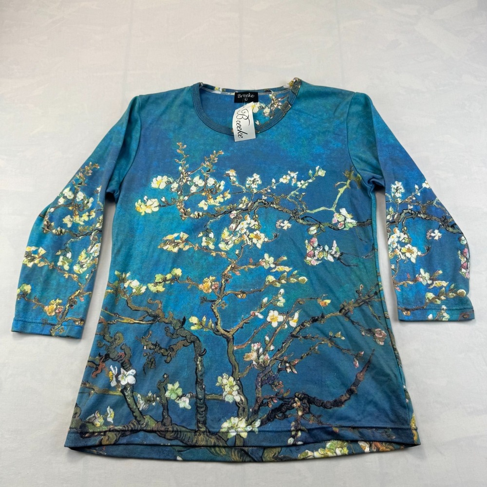 NWT Breeke Shirt Top Womens L Blue Floral Almond Blossom Long Sleeve Pullover